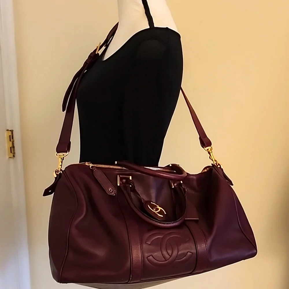 Rare! Chanel CC Caviar Leather Duffel Travel Gym Bag Burgundy ENTRUPY COA - Picture 3 of 16